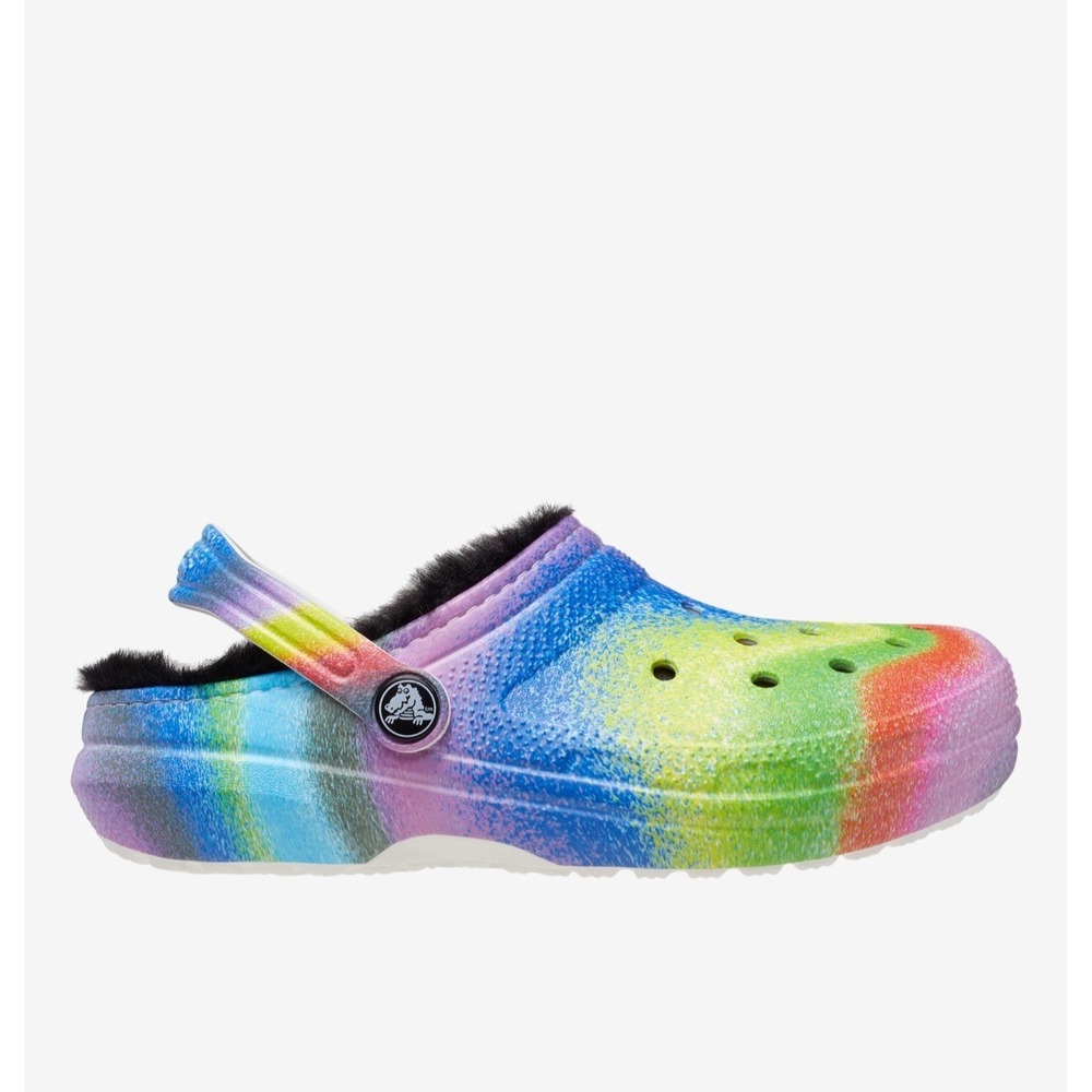 Crocs Classic Black Faux Fur Lined Tie‎ Dye Rainbow Clogs Shoes Slides M7 W9